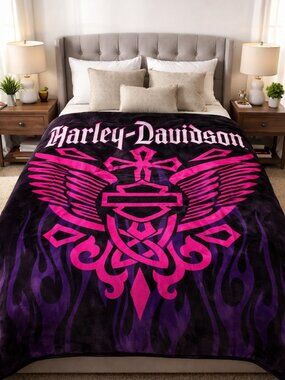 Vintage Harley-Davidson Pink Blanket Plush Mink Queen 79x95 Collectible Rare